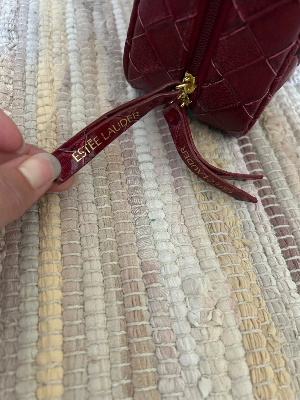 Estée Lauder Red Woven Satchel Handbag Structured Top Handle Purse